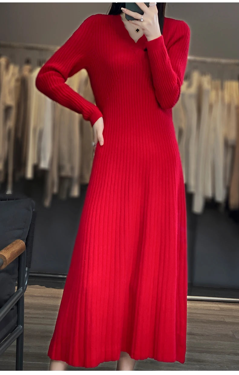100% Merino wool cashmere dress—V-neck pullover style, warm and stylish for autumn and winter