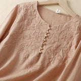 2025 vintage embroidered jacquard top—long-sleeve, loose-fit cotton-linen blend for effortless elegance.