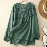 2025 vintage embroidered jacquard top—long-sleeve, loose-fit cotton-linen blend for effortless elegance.