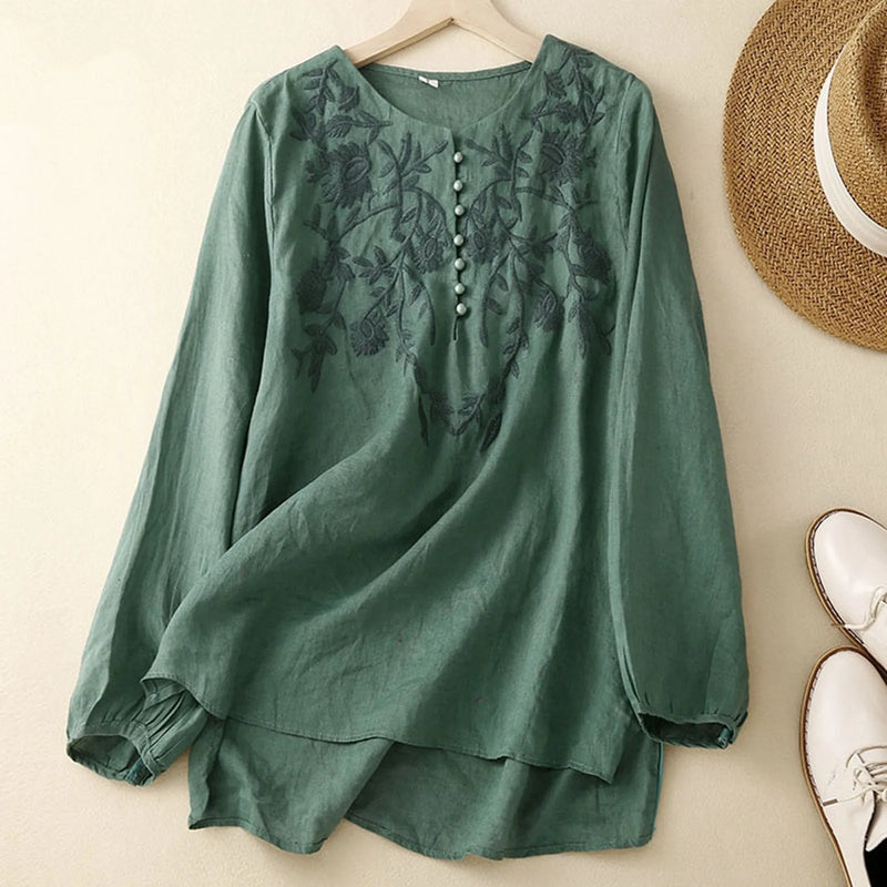 2025 vintage embroidered jacquard top—long-sleeve, loose-fit cotton-linen blend for effortless elegance.
