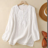 2025 vintage embroidered jacquard top—long-sleeve, loose-fit cotton-linen blend for effortless elegance.