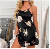 Women Nightwear Home Clothes Sexy Black Floral Printing Nightdress Sleepwear Nightshirts Silk Sleepshirts