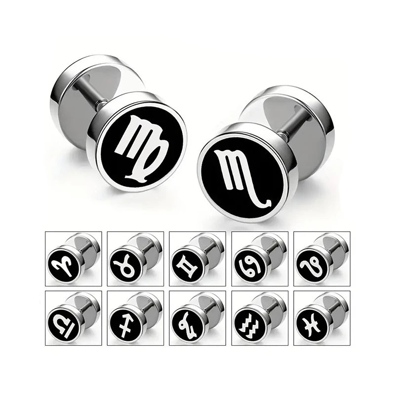 Men's Fashion Twelve Constellations Dumbbell Stainless Steel Earrings