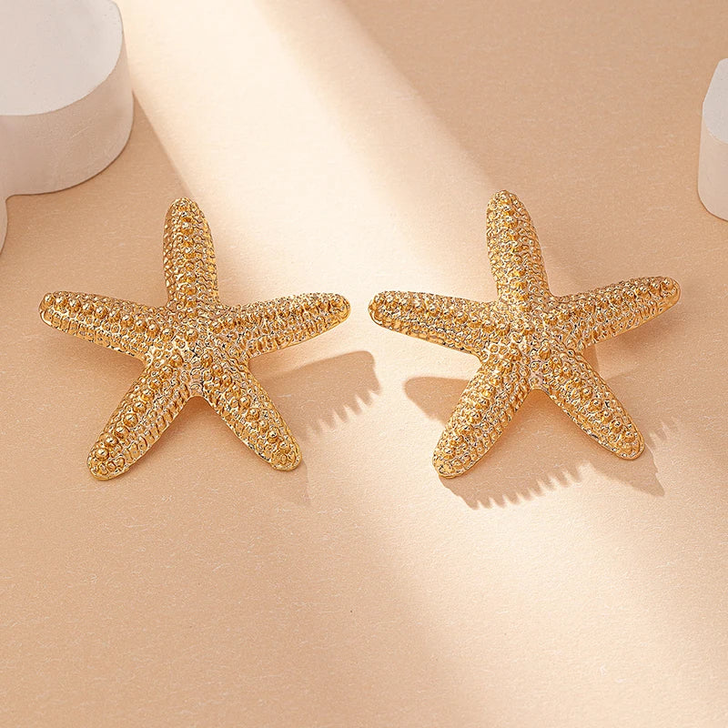 Modern Jewelry Accessories Gold Color Metal Statement Earrings and Adjustable Neck Choker Starfish Pendant Necklace for Women