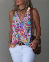 new sleeveless V-neck blouse—lightweight, printed, and perfect for a youthful summer look.