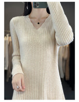 100% Merino wool cashmere dress—V-neck pullover style, warm and stylish for autumn and winter