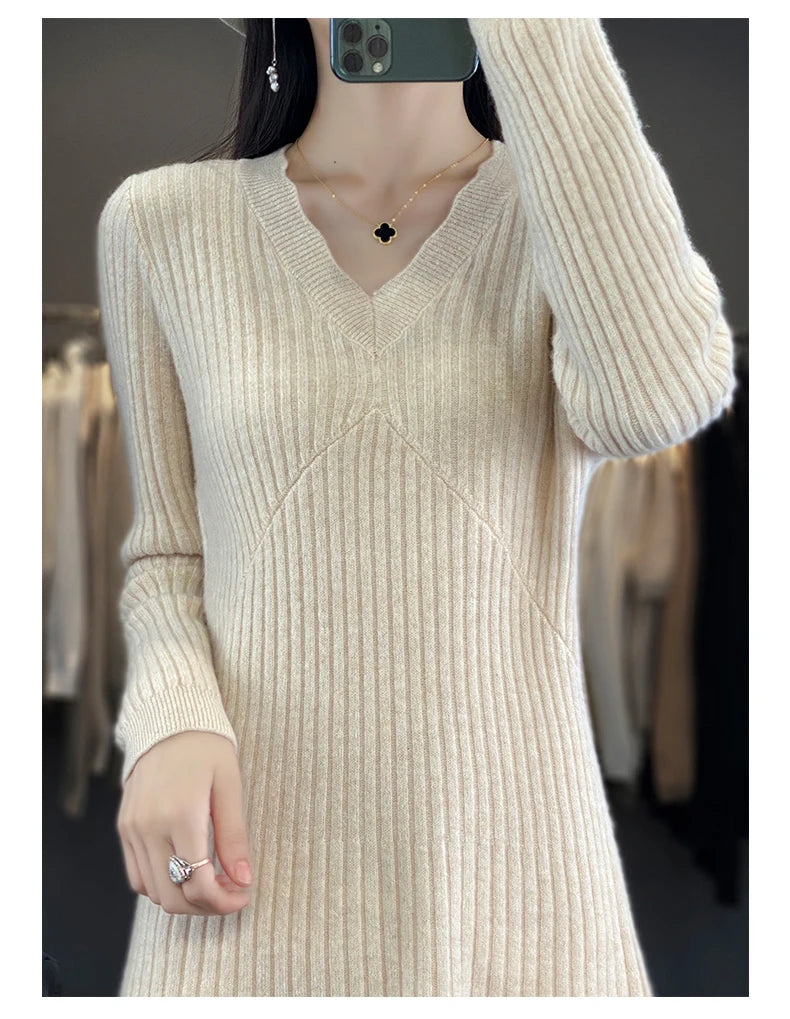 100% Merino wool cashmere dress—V-neck pullover style, warm and stylish for autumn and winter