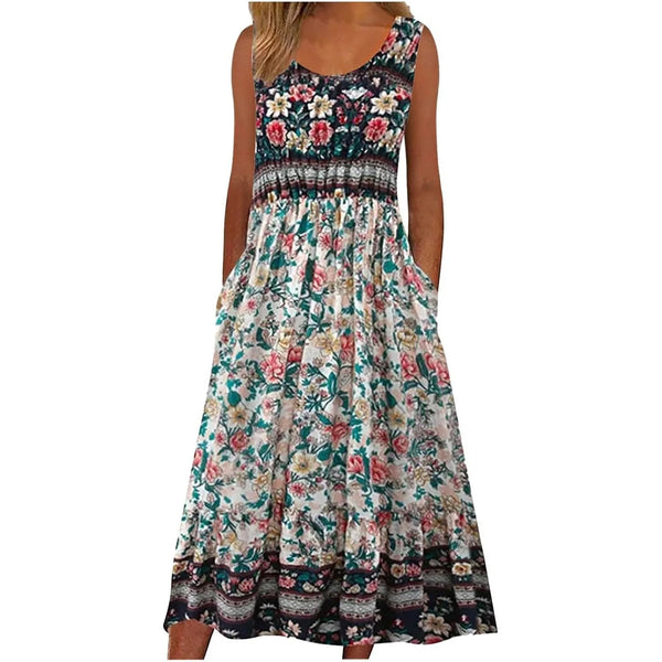 Vintage printed sleeveless maxi dress with pockets—casual, comfy, and perfect for summer style.