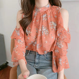 Elegant off-shoulder chiffon blouse—long sleeves and stylish design for a feminine, modern look.