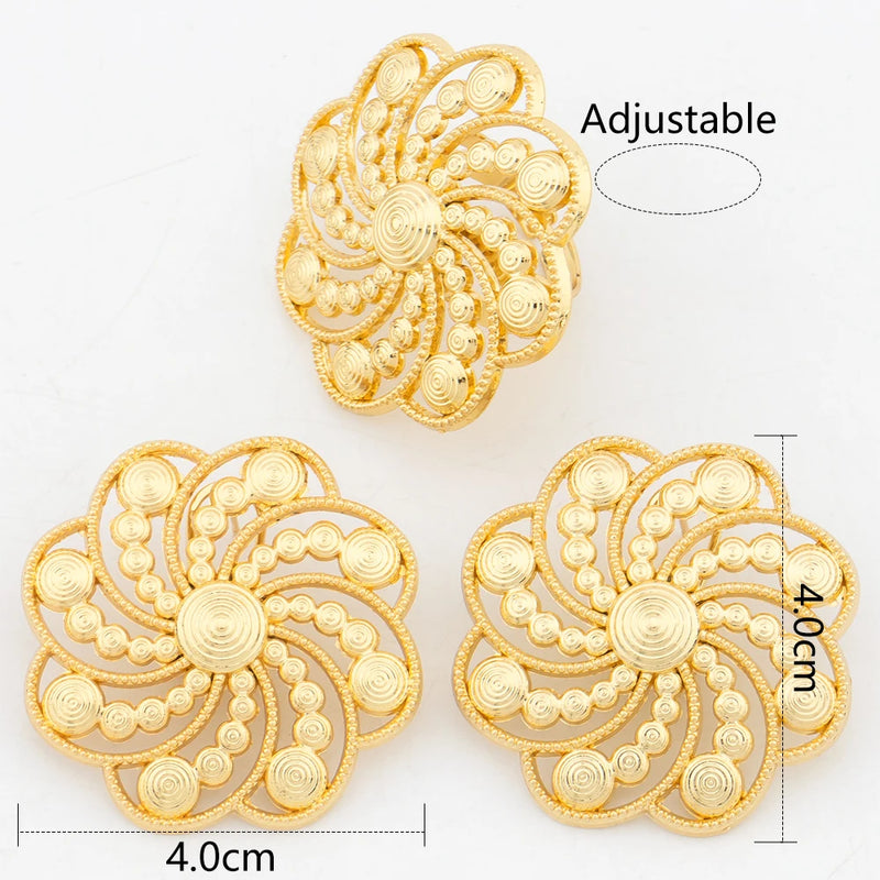 Dubai Jewelry Sets for Women, Flower Earrings and Adjustable Rings Italian Wedding Gifts 18K Gold Color