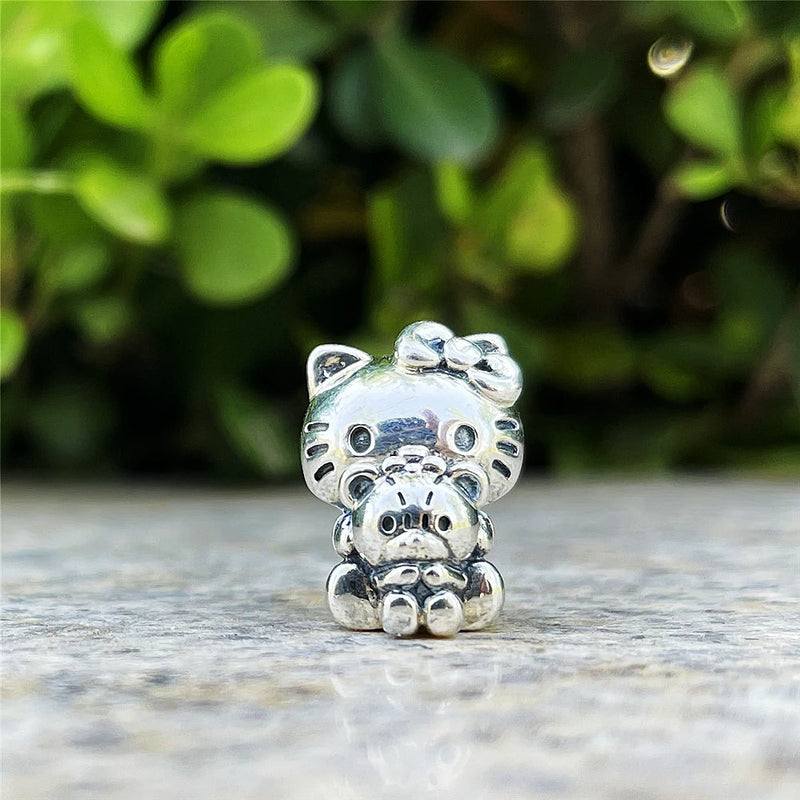 Cute 925 sterling silver cat pendant bead—fits original charm bracelets. Perfect for women and men.