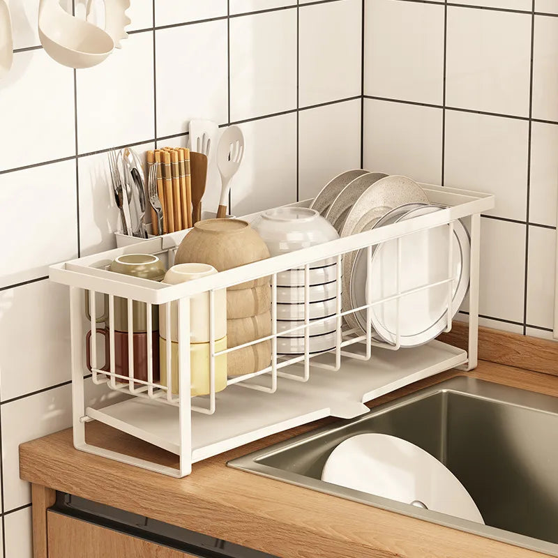 Narrow kitchen rack with drain tray—perfect for drying dishes, bowls, chopsticks, and utensils."