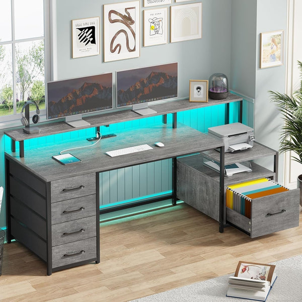Home Office Desk with File Drawer & Power Outlet, 66'' Computer Desk with 5 Drawer, Storage Shelves, Printer Cabinet and Monitor Shelf, Gaming Desk with Led Lights, Grey-0