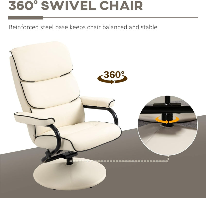 Recliner Chair with Ottoman, PU Leather Swivel High Back Armchair W/Footrest, 135° Adjustable Backrest and Thick Foam Padding, Cream White-4