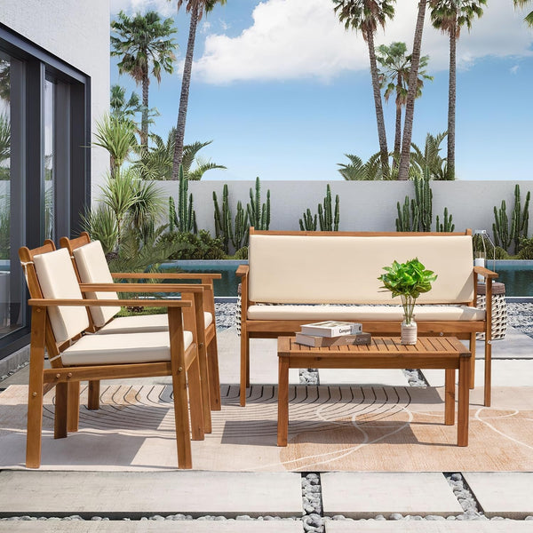 Outdoor Patio Furniture, 4 Piece Bistro Sofa Set with Coffee Table and Loveseat, Acacia Wood Conversation Sets with Cushions, for Garden, Backyard, Poolside, White-1