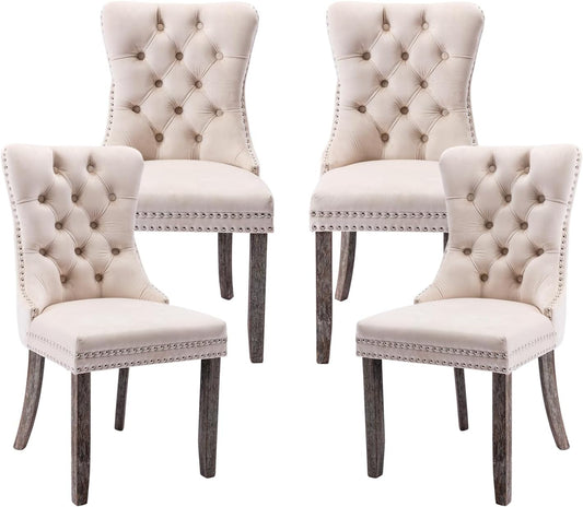 Velvet Dining Chairs Set of 4,Upholstered Dining Chairs with Ring Pull Trim and Button Back,Modern Seating for Living Room, Bedroom, Kitchen (Beige)-0