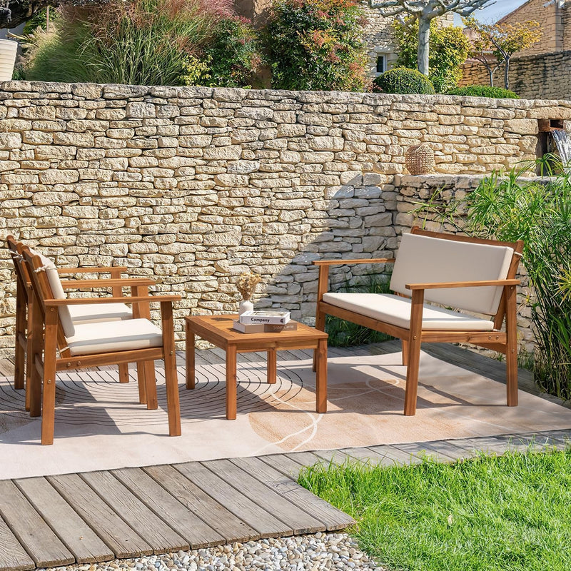 Outdoor Patio Furniture, 4 Piece Bistro Sofa Set with Coffee Table and Loveseat, Acacia Wood Conversation Sets with Cushions, for Garden, Backyard, Poolside, White-3