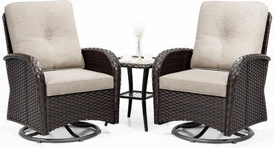 Outdoor Swivel Rocker Chairs, 3 Piece Wicker Patio Set with Thick Cushion and Side Table, Rattan Patio Swivel Rocking Chairs for Porch, Deck Use (Brown/Beige, 3 PCS)-0
