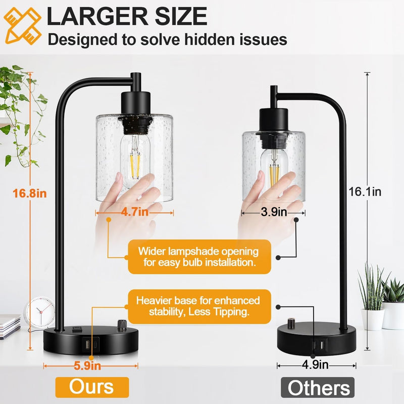 Set of 2 Industrial Table Lamps with 2 USB Port, Fully Stepless Dimmable Bedside Lamps for Bedrooms, Nightstand Desk Lamps with Seeded Glass Shade for Reading Living Room Office 2 LED Bulb Included-3