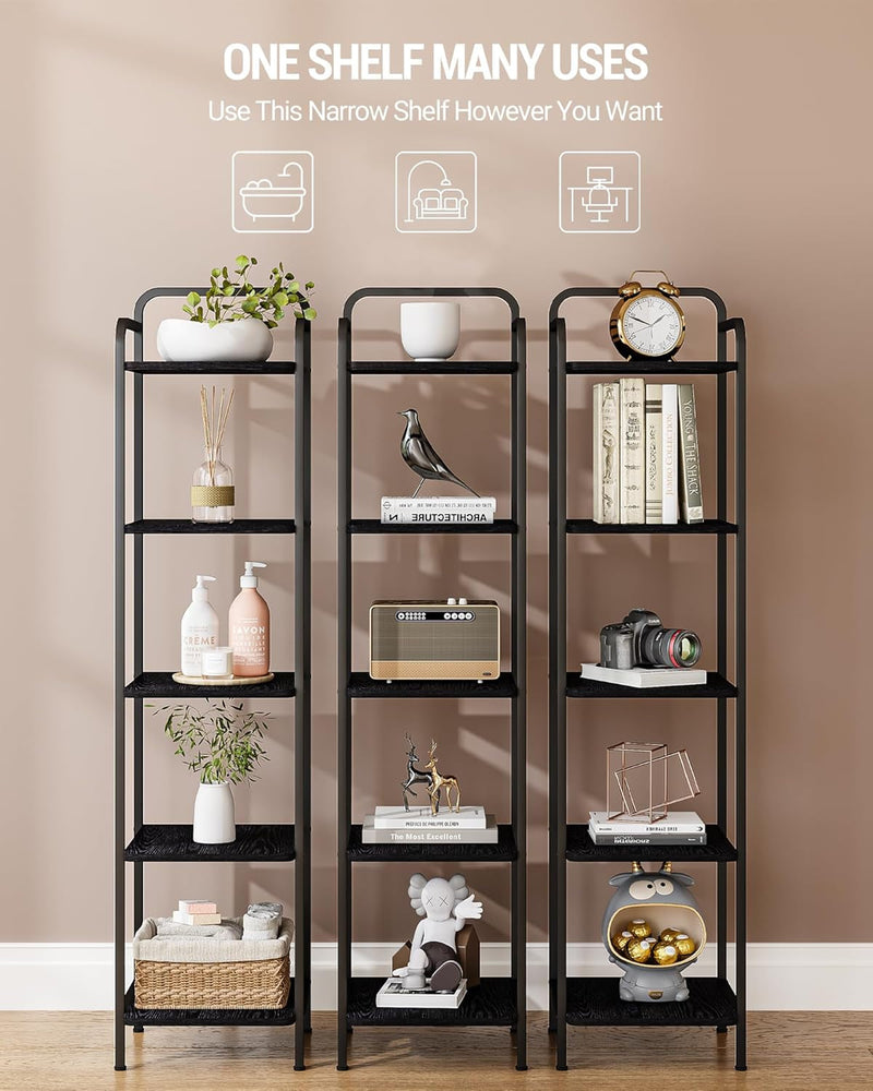 Bookcase Bookshelf, Narrow Book Shelf, Industrial Corner Shelf Storage Organizer, Slim Shelving Unit for Home Office, Living Room, Bedroom, Kitchen, 5-Tier Black BC24504B-3