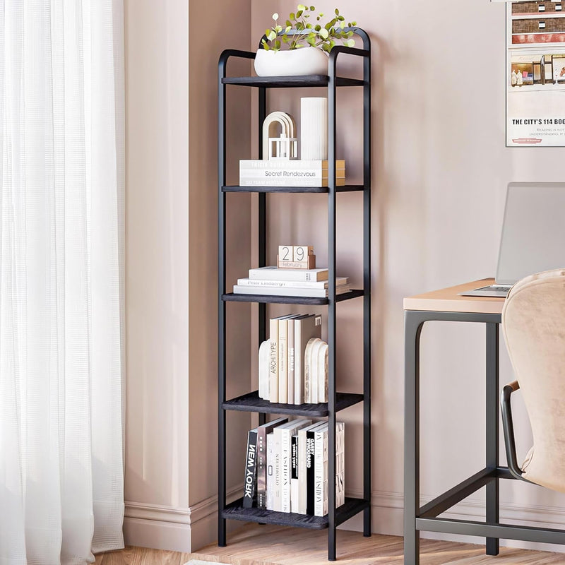 Bookcase Bookshelf, Narrow Book Shelf, Industrial Corner Shelf Storage Organizer, Slim Shelving Unit for Home Office, Living Room, Bedroom, Kitchen, 5-Tier Black BC24504B-0