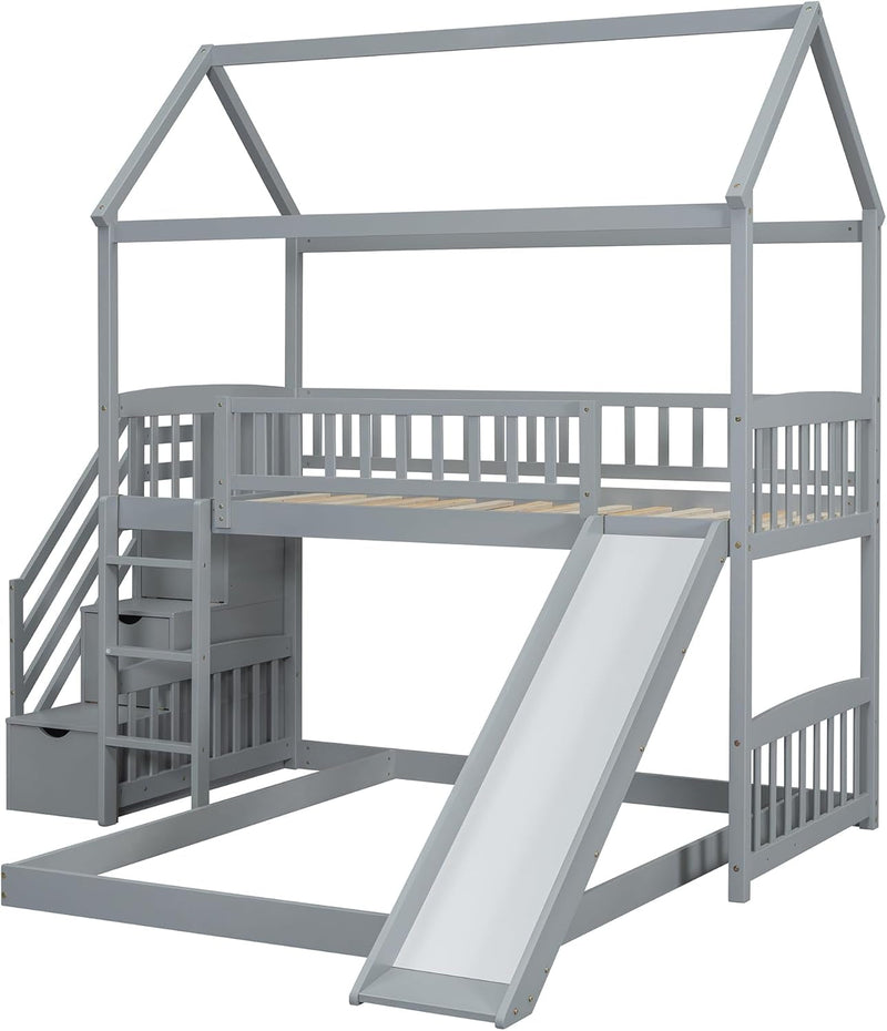 Gray Twin Loft Bunk Bed with Slide, Stairs-4