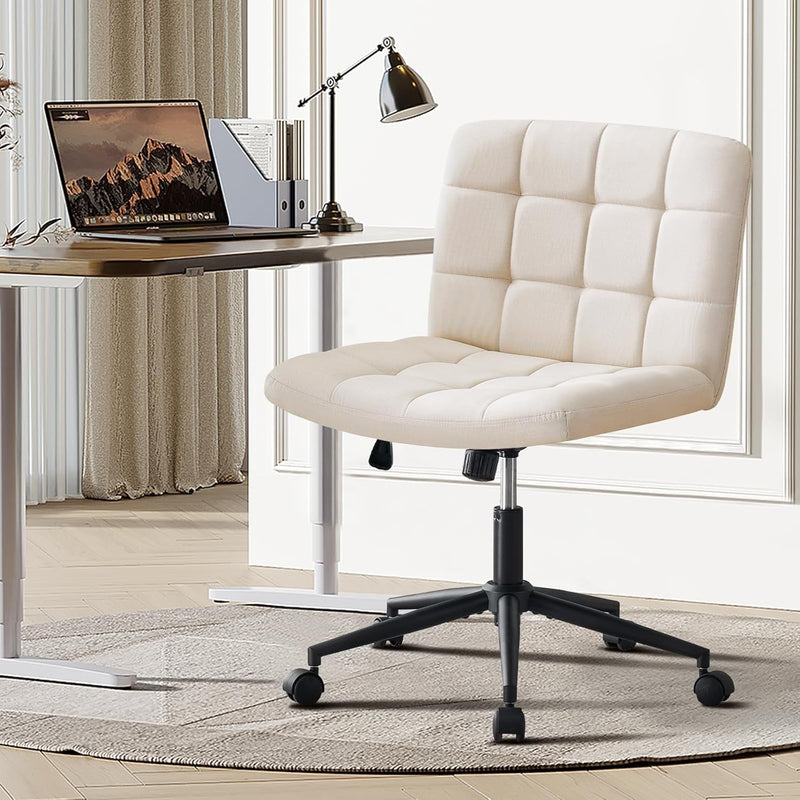 Swivel Criss Cross Legged Chair with Wheels for Home Office, Wide Armless Desk Chair Height Adjustable Comfy Seat for Desk,Vanity, Bedroom, Beige-2