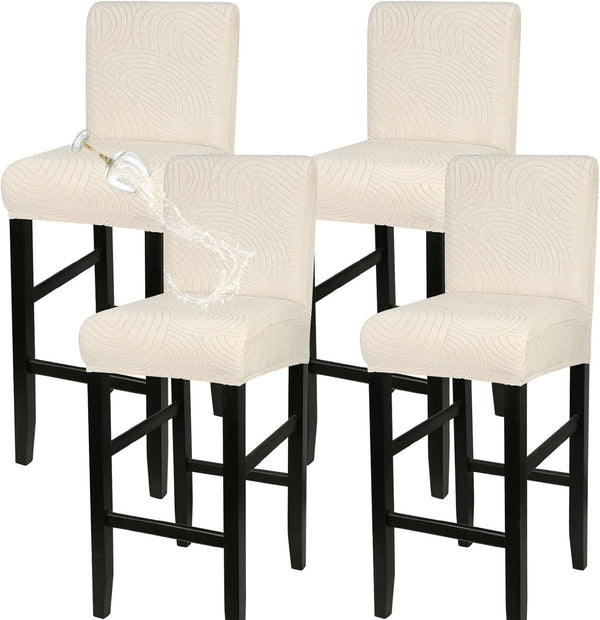 Water Repellent Bar Stool Covers Set of 4, Stretch Washable Barstool Seat Covers, Counter Height Chair Covers for Kitchen Dining Room Cafe (Beige Ripple Jacquard)-0