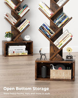 6 Tier Tree Bookshelf with Light, Narrow Bookcase Tower, Tall Floor Standing Book Organizer with Storage Cabinet for Living Room, Bedroom and Home Office, Rustic Brown-3