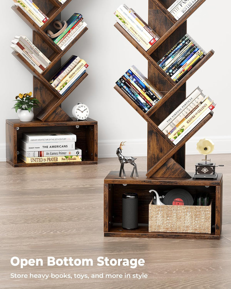 6 Tier Tree Bookshelf with Light, Narrow Bookcase Tower, Tall Floor Standing Book Organizer with Storage Cabinet for Living Room, Bedroom and Home Office, Rustic Brown-3