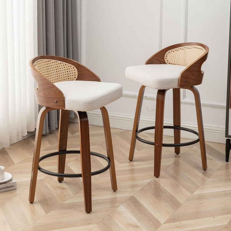 25" Swivel Rattan Bar Stools Set of 2,Mid-Century Modern Beige Linen Fabric Upholstered Counter Height Stools,Kitchen Island Barstools with Rattan Low Backrest,Walnut Wood Finish Bar Chair-3
