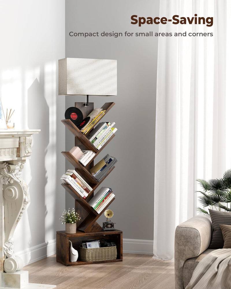 6 Tier Tree Bookshelf with Light, Narrow Bookcase Tower, Tall Floor Standing Book Organizer with Storage Cabinet for Living Room, Bedroom and Home Office, Rustic Brown-4