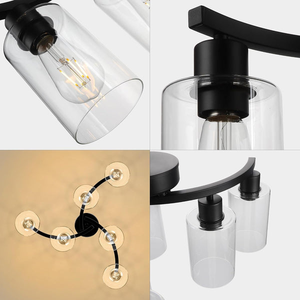 6-Light Modern Farmhouse Black Chandelier, Contemporary Dining Room Light Fixture, Adjustable Height Hanging Industrial Pendant Lights Kitchen Island, Clear Glass Shade-1