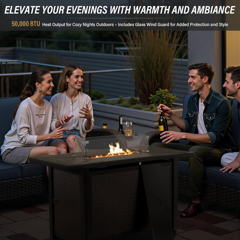8 Piece Patio Furniture Set with 50000 BTU Propane Fire Pit Table, Outdoor Conversation Set with 2 Swivel Rocker Chairs Wicker Sofa and Ottomans for Casual Gatherings Beige Cushion-3