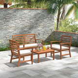 4 Pieces Outdoor Furniture Set, Acacia Wood Conversation Set W/Soft Seat Cushions, Stable Acacia Wood Frame, Patio Sofa & Coffee Table Set for Backyard, Porch, Poolside (White)-1