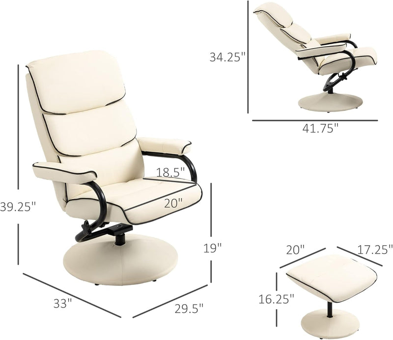 Recliner Chair with Ottoman, PU Leather Swivel High Back Armchair W/Footrest, 135° Adjustable Backrest and Thick Foam Padding, Cream White-2